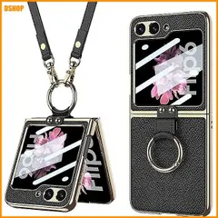 【激安】送料無料★Galaxy Z Flip6 用 ケース レザー サブフィルム付き リング付き ストラップ付き Uovon 電