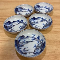【九谷焼】金彩染付　山水図　豆皿５枚セット　醤油皿　薬味皿　漬物皿　骨董　アンティーク　和食器　当時物　絵皿　手描き　陶芸　骨董食器