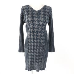 美品☆PLEATS PLEASE プリーツプリーズ イッセイミヤケ PP53-JT626 千鳥格子柄 Vネック 長袖 ワンピース チャコールグレー 3 正規品