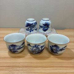 【九谷焼】金彩染付　山水図　湯呑み　5客セット　骨董　アンティーク　和食器　当時物　手描き　煎茶椀　骨董食器