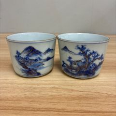 【九谷焼】金彩染付　山水図　蕎麦猪口　2客セット　小鉢　湯呑み　フリーカップ　骨董　アンティーク　和食器　当時物　手描き　陶芸