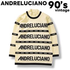 90s ヴィンテージ アンドレルチアーノ ANDRELUCIANO ロゴ デザイン モックネック 立体編み 3D ウール ニット セーター ミドルゲージ FREE ボーダー柄 クリーム x ブラック レディース ♪