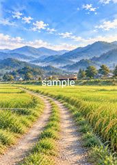 ローカル線と田園風景｜懐かしい日本の田舎 淡い水彩画 癒しの風景 インテリアアートNo.1724