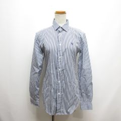 ポロ バイ ラルフローレン Polo by Ralph Lauren 美品 ストライプ柄 長袖 シャツ 0 白×ネイビー ポニー刺繍 コットン 正規品