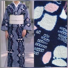 美品】有松鳴海絞り 高級浴衣 総絞り 紺 麻の葉 肩当て・居敷当て付き
