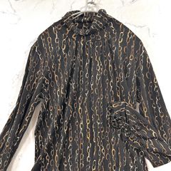マックスマーラ チェーン柄タートルネック 袖ギャザーデザイン くるみボタン カットソー Tシャツ 薄手 通年 ウール 大きいサイズ 黒 Max Mara レディース B3114