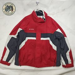【Columbia】 コロンビア 中綿 ナイロン ジャケット レッド グレー ホワイト XL メンズ フード収納 マウンテンジャケット アウトドア 古着 ビッグサイズ