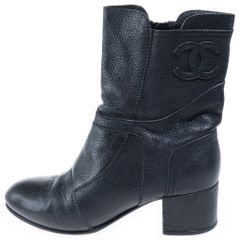 CHANEL (シャネル) ココマーク レザー サイドジップ ヒール ショートブーツ シューズ ブラック レディース