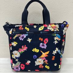 9326　LeSportsac　レスポートサック　Chesty　チェスティ　コラボ　トートバッグ　ハンドバッグ　ネイビー　花柄　フラワー　鳥　レディース　軽量