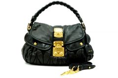 ミュウミュウ マテラッセ 2way ショルダー ハンドバッグ コファー ギャザー 編み込み ゴールド金具 レザー 黒 ブラック MIUMIU 7897h