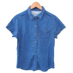 グリーンレーベルリラクシング ユナイテッドアローズ green label relaxing タグ付き シャツ ブラウス デニム シャンブレー ウォッシュ加工 半袖 38 ブルー 青 /TT ■ECC009