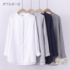 ガーゼ シャツ チュニック レディース ダブルガーゼ 2重ガーゼ ブラウス ガーゼシャツ 柔らか 羽織り ライトアウター スタンドカラー トップス 長袖 チェック柄 プレゼント 母の日shengwei01