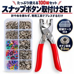 スナップボタン セット 工具付き ハンディプレス プラスナップ 簡単取付 縫わない 手芸 100組 ハンディプレス 工具・収納ケース付き プラスナップ 10カラー DIY 衣類 ベビー用品 ポーチ