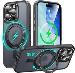 Uovon iPhone 16 Pro Max ケース ブラック MagSafe 360°回転スタンド 半透明 耐衝撃