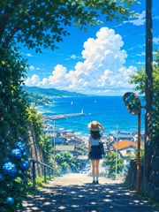 A2サイズ c1644 青い海と入道雲を望む坂道 人物の後ろ姿と紫陽花が彩る爽やかなアニメ調風景アートプリント インテリア装飾