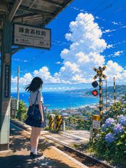 A2サイズ c1645 夏空と海の見える駅ホーム 黒髪の制服人物 紫陽花と踏切のアニメ調風景 アートポスター