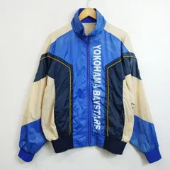 90s YOKOHAMA BAYSTARS 横浜ベイスターズ ジップアップ ジャケット ウィンドブレーカー グラウンドコート ロゴプリント 配色 切替 スポーツ 野球 古着 VINTAGE ネイビー ブルー J151