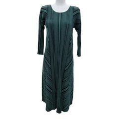 極美品☆PLEATS PLEASE プリーツプリーズ イッセイミヤケ PP11-JH564 コットン 長袖 ロング丈 ワンピース グリーン ブラック 3 正規品
