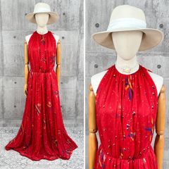 赤 総柄ロングワンピース ノースリーブ マキシ丈 サイドファスナー レトロ古着 abstract print vintage dress