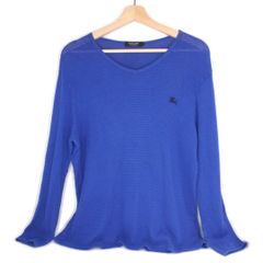 ★【BURBERRY BLACK LABEL/バーバリー ブラックレーベル】　ワッフルTシャツ　Vネック　ニット　青　ブルー　メンズ