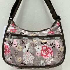 9417　LeSportsac　レスポートサック　 ショルダーバッグ　斜め掛け　紐調節可能　 クラシックホーボー　花柄　鳥　総柄　 ベージュ系　ナイロン　軽量　レディース