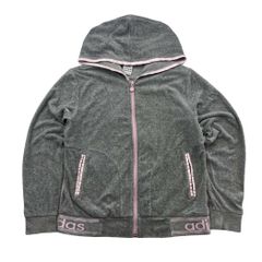 アディダス adidas ジップアップ パーカー レディース L グレー ピンク ベロア 綿 ポリ レトロ可愛く映える一着 00s Y2K フーディ