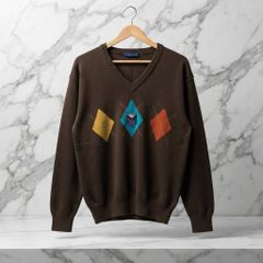 【美品】90s 00s vintage レトロ調 Lou Grahame Refined ルー・グラハム リファインド メンズ セーター ニット ブラウン アーガイル Vネック Lサイズ 日本製