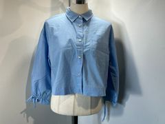 Samansa Mos2 サマンサモスモス シャツ ブラウス F フリーサイズ レディース サックスブルー 水色 ライトブルー 長袖 袖リボン ショート丈 前開き ボタン 襟付き ゆったり ナチュラル　[管理No.：O13995_K-1_60]