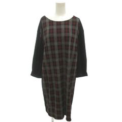 ジュンコシマダ JUNKO SHIMADA 美品 長袖ワンピース ひざ丈 チェック柄 ボートネック 3L 赤 レッド グレー 黒 ブラック /OB ■GY09