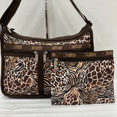 9969　【美品】　LeSportsac　レスポートサック　デラックスエブリデイ　ショルダーバッグ　ポーチ　ブラウン　レオパード　ヒョウ柄　アニマル柄　ジラフ　キリン　虎　レディース　軽量