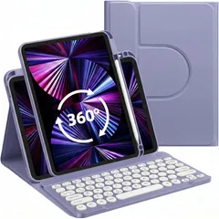 【新品】 iPad 9世代 用 キーボード ケース iPad 第9世代 第8世代 第7世代 キーボード付きカバー 10.2インチ ワイヤレスBluetoothキーボード マグネット分離式 丸型キー クリア 背面 可愛い, 紫灰