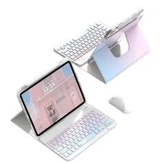 【新品】 Moogukadan iPad 10.2インチ第9/8/7世代 用のキーボード ケース マウス付き 360度回転 グラデーションカラーキーボード マグネット分離式 透明 クリア 背面カバー 縦置き 横置きスタンド ペン収納 (ピンク+ブルー)