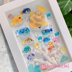 ハリセンボンと虹色の海 ❣️シーグラスアートアクアリウム　フグ好きさんへ　　海の仲間達　熱帯魚　サンゴ