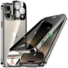 HGUTREY【覗き見防止・自動ポップアップボタン】iPhone15 Pro 用 ケース【ロック付き】ストラップホール付き (グレー) 0