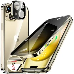 HGUTREY【覗き見防止・自動ポップアップボタン】iPhone15 Plus 用 ケース【ロック付き】ストラップホール付き (ゴールド) 0