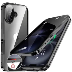 HGUTREY【覗き見防止・自動ポップアップボタン】iPhone16 用 ケース【ロック付き】【ストラップホール付き】一体型レンズ保護(ブラック)