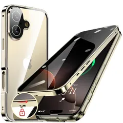 HGUTREY【覗き見防止・自動ポップアップボタン】iPhone16 用 ケース【ロック付き】【ストラップホール付き】一体型レンズ保護(ゴールド)