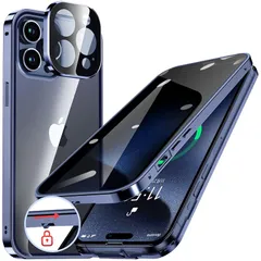 HGUTREY【覗き見防止・自動ポップアップボタン】iPhone15 Pro 用 ケース【ロック付き】ストラップホール付き (ディープブルー) 0