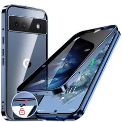 HGUTREY【覗き見防止・自動ポップアップボタン】Google Pixel 8a 用 ケース【ロック付き】一体型レンズ保護(ディープブルー)