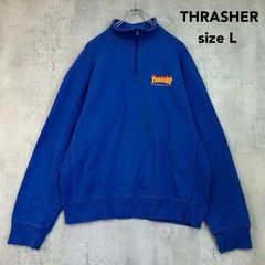 THRASHER スラッシャー L フレイム ロゴ 刺繍 ハーフジップ スウェット トレーナー プルオーバー 長袖 青 ブルー ワンポイント ストリート スケーター サーフ カジュアル オーバーサイズ トップス ★ ◇■ ◆■