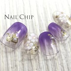 オーダーチップ　37. パープル エアーグラデーション さくら 金箔 ネイルチップ12枚入り ジェル