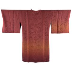 道行 身丈98.5cm 裄丈67cm M 和装コート 角衿 リバーシブル 花唐草 地紋 ぼかし 赤茶 正絹 逸品 【中古】