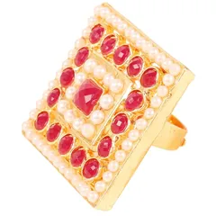 試金石 Indian Bollywood Rajwadaは、スタッドドルックスクエア形状のFaux Ruby Pearls調節可能サイズデザイナーウェディングジュエリーカクテルフィンガーリングが女性のためのゴールドトーンで指輪を調整します。