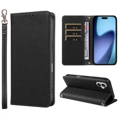 SHANGHAO iphone 17 用 ケース 手帳型 上質レザー アイフォン 17 ケース 耐衝撃 ストラップホール付き(ブラック)