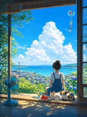 A2サイズ c1652 夏空と海の風景 縁側で猫と寛ぐ少女 風鈴と扇風機 アニメ風 アートポスター