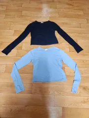 丈短め長袖Tシャツ 黒/スカイブルー 2枚 F(S)