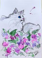 原画#659 黒猫 ピアノ エッフェル塔 パリ フランス 水彩画