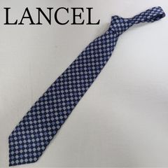 【美品】ランセル ネクタイ 格子柄 紺 水色 ワイドタイ シルク100% フランス製 幾何学模様【ケ023】
