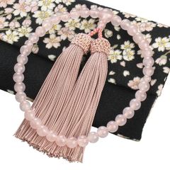 【念珠堂】「女性用 天然石 紅水晶 (ローズクォーツ) ＜オリジナルちりめん数珠袋(花柄)付＞」 日本製 数珠 国産 手作り 念珠 人絹頭付房 全ての宗派でお使い頂けます 創業80余年老舗数珠メーカー 1