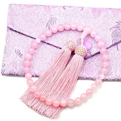 数珠 女性用 紅水晶（ローズクォーツ） 8mm玉 正絹梵天房 数珠袋付き すべての宗派で使える 手作り 念珠 略式数珠 葬儀 葬式 念珠 お念珠 じゅず お数珠 1